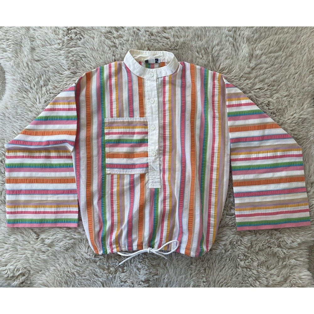 Vintage Bobbi Ann Of Boston Colorful Boho‎ Preppy Seersucker Shirt